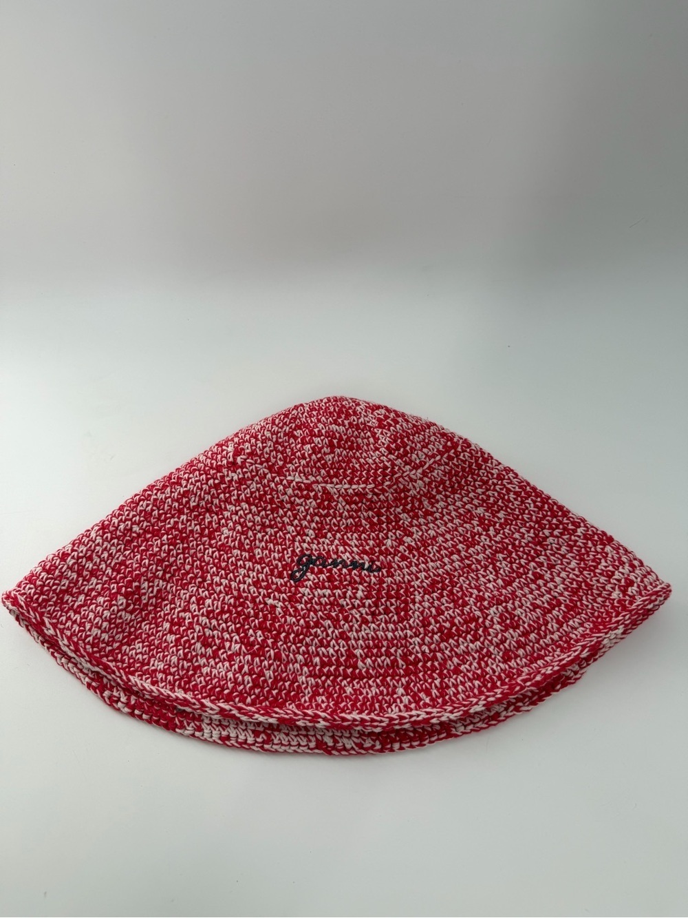 Ganni Crochet Knitted Red & White Logo Bucket Hat